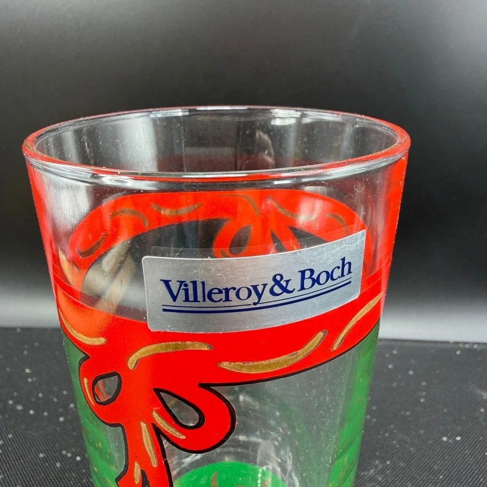 Villeroy & Boch Christmas Highball Glasses Set‎ 4 Red Ribbon Green France NEW